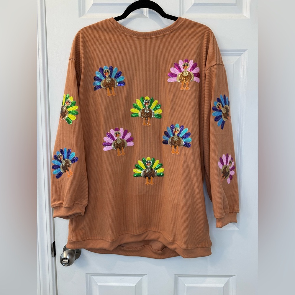 NWT Turkey Sequin Corded Brown Sweatshirt Size Medium Thanksgiving - Picture 2 of 6